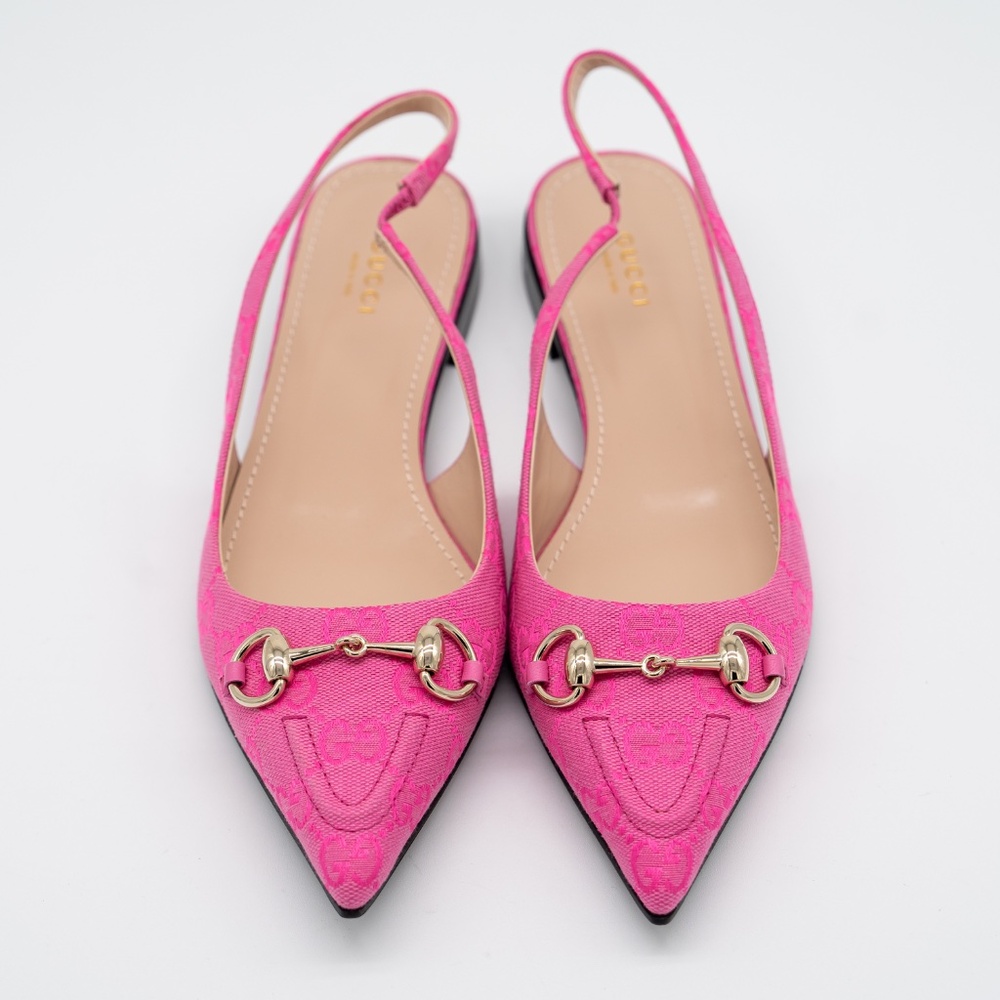 size 39.5G 9.5 US Gucci Horsebit Slingback Flat Pink GG Canvas - Picture 3 of 13